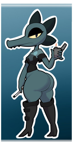 5_claws 5_fingers anthro big_butt biped black_claws black_clothing black_eyeshadow black_shirt black_teeth black_topwear blue_background boots border bottom_heavy bottomless bottomless_anthro bottomless_female breasts butt cigarette claws clothed clothing eyeshadow fangs female female_anthro finger_claws fingers footwear gradient_background green_body green_scales half-closed_eyes high_heeled_boots high_heels holding_cigarette holding_lighter holding_object knee_boots knee_highs kneeling legwear lighter looking_at_viewer makeup mouth_closed narrowed_eyes non-mammal_breasts outline partially_clothed partially_clothed_anthro partially_clothed_female scales shirt shoes side_view simple_background slightly_chubby slightly_chubby_anthro slightly_chubby_female small_breasts snout solo standing teeth thick_thighs thigh_boots thigh_highs topwear topwear_only unimpressed white_background white_border white_outline wide_hips yellow_sclera maddeku night_in_the_woods bea_santello crocodilian reptile scalie 2020 colored digital_drawing_(artwork) digital_media_(artwork) full-length_portrait hi_res portrait shaded