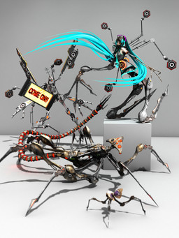 1_eye 6_legs accessory ambiguous_feral ambiguous_gender cable cosplay cube_(object) electronics female female_humanoid feral group hair headphones long_hair long_tail machine mechanical_arm mechanical_leg multi_eye necktie red_eyes ribs segmented_tail skeletal skeletal_arm speaker tail text twintails_(hairstyle) deino_(artist) deino_(modeler) vocaloid yamaha_corporation calne_ca hatsune_miku magnesium_(deino) rubidium_(deino) television_(deino) zincum_(deino) humanoid robot robot_feral robot_humanoid waddling_head 3:4 3d_(artwork) absurd_res autodesk_3ds_max_(artwork) digital_media_(artwork) english_text full-length_portrait hi_res portrait