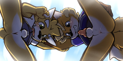 animal_genitalia animal_penis anthro anus backsack balls blonde_hair blue_eyes blush bottomless brown_body brown_fur butt canine_genitalia canine_penis clenched_teeth clothed clothing cloud duo erection facial_markings fangs fully_sheathed fur genitals gloves_(marking) green_eyes hair hand_on_arm hand_on_hip hand_on_shoulder head_markings jersey knot looking_at_genitalia looking_at_penis looking_down low-angle_view male male/male markings open_mouth orange_body orange_fur outside penis perineum sheath shirt sky spread_legs spreading standing teeth topwear white_balls white_body white_fur white_perineum worm's-eye_view yellow_body yellow_fur young young_anthro harmarist mek_(harmarist) tycloud canid canine canis domestic_dog fox herding_dog mammal pastoral_dog welsh_corgi