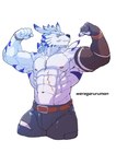 abs anthro biceps bottomwear claws clothing male muscular muscular_anthro muscular_male pants pecs piercing pink_claws solo vein veiny_muscles asiahao520 bandai_namco digimon canid canine digimon_(species) mammal were weregarurumon absurd_res hi_res