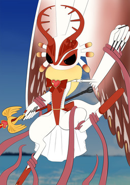 ambiguous_gender antares_(kirby_and_the_forgotten_land) anthro antlers biped black_fingernails black_nails black_sclera chest_tuft clothed clothing colored_nails countershade_torso countershading digitigrade dress fingernails fluffy fluffy_tail fur head_wings heart_symbol holding_melee_weapon holding_object holding_polearm holding_spear holding_weapon horn huge_wings legwear magical_girl_outfit melee_weapon mouthless multicolored_body multicolored_fur nails neck_tuft photo_background polearm pupils red_body red_fur restrained restrained_arms restrained_by_tentacles restrained_legs solo spear stockings tail tan_body tan_fur tentacles three-quarter_view tuft unusual_wing_placement weapon white_body white_fur white_pupils wings ahab_null kirby_(series) kirby_and_the_forgotten_land nintendo chaos_elfilis alien chinchillid mammal rodent starling_(kirby) 2022 absurd_res digital_drawing_(artwork) digital_media_(artwork) hi_res japanese_description mixed_media photography_(artwork)