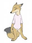 anthro black_nose bottomless clothed clothing dipstick_ears dipstick_tail ear_markings eyes_closed female fur genitals inner_ear_fluff markings multicolored_ears multicolored_tail neck_tuft pose pussy shirt simple_background solo standing t-shirt tail tail_markings tan_body tan_fur topwear tuft white_background skunkbutt_(artist) disney pack_street zootopia charlie_(weaver) fan_character canid canine corsac_fox fox mammal true_fox digital_media_(artwork)