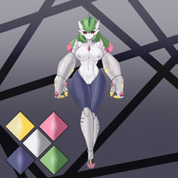armor big_hands biped black_sclera blade bottomwear breasts clothing color_swatch digital_eyes female gauntlets genitals gloves green_hair grey_body hair handwear highlights_(coloring) looking_at_viewer machine medium_breasts nipples not_furry pigtails pink_highlights pokemorph solo thick_thighs vulva txnuki nintendo pokemon warpina_(nickzilla) future_pokemon generation_9_pokemon humanoid hybrid iron_hands iron_valiant paradox_pokemon pokemon_(species) variant 1:1 absurd_res hi_res