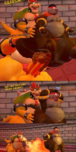 angry anthro anus balls belly big_butt bodily_fluids bracelet breasts breath_powers burning butt butt_on_fire carpet carrying_another carrying_partner castle collar cross-popping_vein cuff_(restraint) cum cum_on_ground dirty duo elemental_manipulation feces fire fire_breathing fire_manipulation genital_fluids genitals hand_on_butt huge_butt jewelry male male/male metal_collar metal_cuffs overweight pecs penis pooping pooping_on_penis pooping_while_penetrating restraints scatplay sex sweat thick_thighs kanebrentkoopa tecbuttlovefa mario_bros mythology nintendo bowser kane_brent_koopa dragon hybrid koopa mythological_creature mythological_scalie reptile scalie turtle 3d_(artwork) absurd_res comic digital_media_(artwork) hi_res source_filmmaker_(artwork)