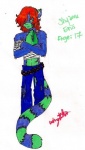 alternative_fashion anthro bandage belt biped blue_body blue_fur bottomwear character_name clothed clothing crossed_arms dezi front_view fur gesture glamfur green_body green_fur hair hand_gesture lemur looking_at_viewer male mammal middle_finger pants primate red_hair ring-tailed_lemur scar shyanne_enis simple_background solo standing strepsirrhine stripes tail topless torn_clothing white_background