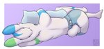 ageplay anthro blue_diaper blue_ears blue_hair blue_markings clothed clothing diaper dipstick_ears ear_markings fur green_ears green_markings hair hug hugging_object hugging_pillow infantilism lying male markings multicolored_ears multicolored_hair on_side pillow purple_background rear_view roleplay simple_background solo topless two_tone_hair wearing_diaper white_body white_diaper white_ears white_fur white_hair riddlr lagomorph leporid mammal rabbit absurd_res hi_res