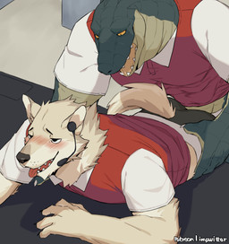 anthro anthro_on_anthro blush clothing countershading dry_humping duo electronics fur green_body green_scales hand_on_hip headgear headphones headset interspecies male male/male open_mouth scales tan_body tan_fur tan_scales tongue tongue_out underwear yellow_eyes impwitter canid canine canis crocodile crocodilian mammal reptile scalie wolf 2021 digital_media_(artwork) hi_res