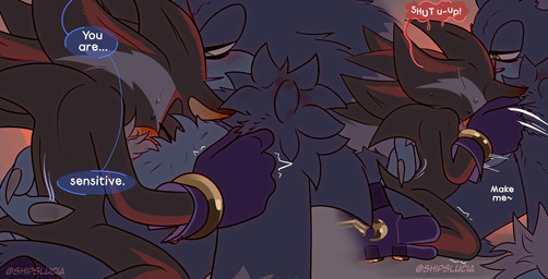 anthro blood blush bodily_fluids duo ear_blush eyes_closed fist flustered larger_male male motion_lines narrowed_eyes shaking size_difference smaller_male smile smirk speech_bubble sweat sweatdrop tail tail_grab teasing shipslucia sega sonic_the_hedgehog_(series) sonic_unleashed shadow_the_hedgehog sonic_the_hedgehog sonic_the_werehog eulipotyphlan hedgehog mammal vampire werecreature wereeulipotyphlan werehog hi_res