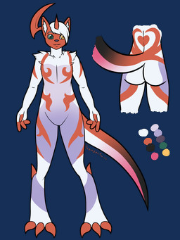 anthro butt claws featureless_crotch fur heart_(marking) heterochromia horn male markings nude red_body red_fur solo tail white_body white_fur sandentwins nintendo pokemon abby_(ballad) absol generation_3_pokemon generation_7_pokemon hybrid pokemon_(species) salazzle shiny_pokemon absurd_res hi_res model_sheet