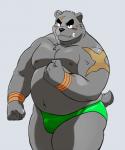 5_fingers anthro belly bodily_fluids briefs clothed clothing fingers green_briefs green_clothing green_underwear grey_background kemono male musclegut muscular muscular_anthro muscular_male nipples pecs pose scar simple_background skimpy solo standing sweat sweatdrop underwear wrestling_briefs shiba-kenta daigo_kumano bear mammal 2017