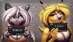 anthro breast_grab breasts duo ear_piercing female hand_on_breast looking_at_another looking_at_viewer mugshot piercing smile tongue tongue_out lightly-san barbie_and_ken_mugshot_meme lightly_breeze_(pony-way) starlia_(lightly-san) felid feline lynx mammal pantherine snow_leopard 2023 hi_res meme