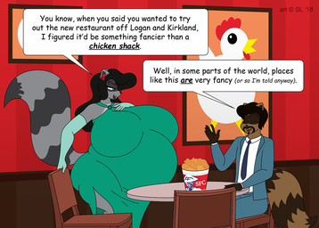anthro armwear beak beard belly big_belly big_breasts black_hair bottomwear breasts bucket butt chair chicken_meat clothed clothing container copyright_symbol cross-popping_vein dialogue dialogue_box dress duo elbow_gloves eyes_closed facial_hair female food fried_chicken furniture gloves green_clothing green_dress green_eyes hair handwear huge_breasts kfc_bucket male meat necktie pants pregnant pregnant_anthro pregnant_female speech_bubble suite symbol table text vein satsumalord kfc manuel_(satsumalord) rosalina_(satsumalord) avian bird chicken galliform mammal phasianid procyonid raccoon 2018 comic_sans digital_media_(artwork) english_text