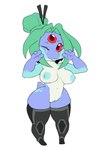 3_eyes 4_fingers accessory anthro areola blep blue_body blue_nipples blue_tongue breasts chibi clothing female fingers genitals green_hair hair hair_accessory hair_bun legwear legwear_only mostly_nude multi_eye navel nipples one_eye_closed pussy red_eyes simple_background smile solo standing tail tongue tongue_out white_background yogoat starbound hylotl hi_res