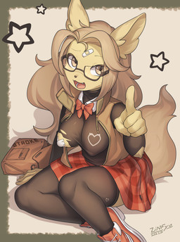 5_fingers alternative_fashion anthro arm_support bandage bandage_on_face big_breasts bottomwear bow_tie breasts brown_clothing brown_hair brown_jacket brown_topwear brown_vest clothed clothing collar cute_fangs eyewear fangs female female_anthro fingers footwear form_fitting fur gesture glasses gyaru hair hand_gesture handbag hanging_breasts happy heart_symbol j-fashion jacket kemono kogal legwear long_hair markings nipple_outline nipple_tape no_bra on_ground open_clothing open_jacket open_mouth open_smile open_topwear open_vest pantyhose pasties pattern_bottomwear pattern_clothing pattern_skirt plaid plaid_bottomwear plaid_clothing plaid_skirt pointing pointing_at_viewer pose purse red_clothing red_footwear red_shoes shoes sidelocks sitting skirt smile sneakers solo star symbol tail tail_under_skirt tape teeth text thigh_highs topwear torn_clothing torn_topwear vest wardrobe_malfunction yellow_body yellow_eyes yellow_fur yokozuwari zinfyu mammal unknown_species 2022 absurd_res artist_name dated digital_media_(artwork) full-length_portrait hi_res portrait shaded