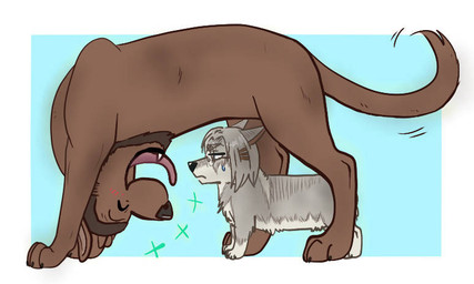 ambiguous_gender annoyed black_nose blush bodily_fluids brown_body brown_fur brown_hair duo eyewear feral feral_with_hair feralized fur glasses grey_body grey_fur grey_hair hair short_fur short_legs smile sweat sweatdrop tail tail_motion tailwag mizzkie attack_on_titan mitabi_jarnach rico_brzenska broholmer canid canine canis domestic_dog mammal spitz swedish_vallhund 2020