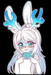 anthro antlers blue_antlers blue_ears blue_eyes blue_hair blush blush_lines chest_tuft ears_up eyebrow_through_hair eyebrows eyelashes facial_tuft featureless_chest female front_view fur gloves_(marking) gradient_antlers gradient_hair green_body green_fur grey_body grey_fur hair hair_on_shoulders horn index_to_index inner_ear_fluff long_ears long_hair looking_at_viewer markings neck_tuft nose_tuft nude open_mouth outline partially_open_mouth shy smile solo sweatdrop_(iconography) thick_eyelashes thin_eyebrows translucent translucent_hair triangle_nose tuft wavy_mouth white_antlers white_body white_fur white_hair white_inner_ear_fluff white_outline young young_anthro young_female bunnybits conditional_dnp saxobeat deer hybrid lagomorph leporid mammal rabbit 2019 alpha_channel digital_drawing_(artwork) digital_media_(artwork) half-length_portrait hi_res portrait