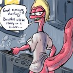 anthro appliance blonde_hair bottomless butt clothed clothing cooking female hair looking_at_viewer red_body red_skin solo stove thedarkzircon amphibia_(series) disney general_yunan amphibian newt salamander 1:1 2020 hi_res