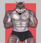 anthro bodily_fluids bulge male musclegut muscular muscular_anthro muscular_male red_eyes scar solo sweat zartty_art augar_(augarrwoof) canid canine canis mammal wolf absurd_res hi_res