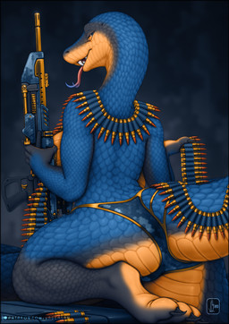 anthro blue_body blue_scales breasts bullet butt fangs female forked_tongue gun non-mammal_breasts ranged_weapon scales solo tail teeth text tongue tongue_out weapon vader-san gunmetal_(character) reptile scalie snake 2020 digital_media_(artwork) hi_res url