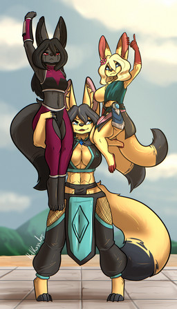 accessory anthro armor bracers breasts carrying_another clothing dress exposed_breasts female flower flower_in_hair hair hair_accessory larger_female plant raised_arms size_difference smaller_female darkmageorigin amber_shortclaw fenavi_montaro lyra_munrais canid canine fennec_fox fox mammal true_fox hi_res herm_(lore)