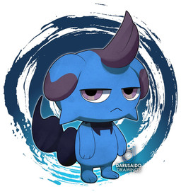 3_toes abstract_background ambiguous_gender blue_body blue_fur bored chibi feet fur half-closed_eyes jaded looking_at_viewer narrowed_eyes plantigrade red_eyes solo toes darusaido palworld pocketpair depresso pal_(species) 2023 hi_res signature