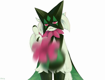 3_fingers ambiguous_gender anthro claws finger_claws fingers flower_(anatomy) flower_trick fur green_body green_fur jagged_mouth looking_at_viewer mask pawpads paws pink_eyes pink_nose plant simple_background solo throwing_object white_background yuureii eminem_throw nintendo pokemon elemental_creature flora_fauna generation_9_pokemon meowscarada pokemon_(species) 2023 hi_res