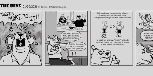 anthro belly clothing dialogue duo eyewear hat headgear headwear male moobs nipples overweight overweight_male sex shirt sitting sunglasses text topwear barnem domestic_cat felid feline felis mammal murid murine rat rodent 2026 comic english_text hi_res monochrome