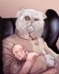 anthro bald chair clothing coat domestic_pet duo fur furniture green_eyes humor male parody role_reversal topwear what white_body white_fur poisonmilow 007 blofeld james_bond domestic_cat felid feline felis human mammal 2009 4:5