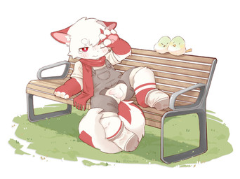 4_fingers anthro balls beak bench blush bodily_fluids casual_exposure clothed clothing crotch_cutout crotchless_clothing cutout embarrassed fingers fluffy fluffy_tail footwear fur genitals half-erect ineffective_clothing male one_eye_closed outside overalls park_bench penis red_body red_eyes red_fur scarf shirt socks solo spread_legs spreading t-shirt tail tears topwear white_body white_fur young lang_yus avian bird canid canine fox mammal colored hi_res