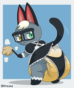 :< anthro big_diaper blue_eyes bodily_fluids clothed clothing crossdressing crossdressing_male diaper diaper_under_clothing diaper_under_underwear exposed_diaper eyewear genital_fluids glasses grey_body heterochromia huge_diaper leaking_diaper looking_at_viewer looking_back looking_back_at_viewer maid_uniform male raised_tail rear_view solo tail tail_under_skirt tail_upskirt unclean_diaper underwear uniform upskirt urine used_diaper wearing_diaper wearing_glasses wet_diaper yellow_eyes shima-pad animal_crossing nintendo raymond_(animal_crossing) domestic_cat felid feline felis mammal 2026 digital_drawing_(artwork) digital_media_(artwork) hi_res