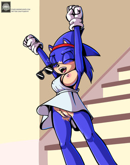 accessory belly blue_body blue_fur breasts clothed clothing crossgender drunk exposed_breasts eyes_closed eyewear fangs female fur genitals gloves handwear happy headband mtf_crossgender nipples no_underwear one_breast_out open_mouth raised_arms solo substance_intoxication sunglasses tan_belly teeth text toga upskirt vulva fourssss sega sonic_the_hedgehog_(film) sonic_the_hedgehog_(series) sonic_the_hedgehog eulipotyphlan hedgehog mammal cel_shading hi_res shaded url