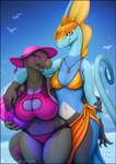 5_fingers anthro arm_around_shoulders beach big_breasts bikini black_body black_scales blue_body blue_scales breast_size_difference breasts clothing colored_nails curvy_figure date duo eyelashes female fingers hand_on_shoulder hat headgear headwear logo long_tail nails navel non-mammal_breasts open_mouth purple_body purple_scales purple_sclera scales seaside smile sun_hat swimwear tail teeth text two-piece_swimsuit voluptuous yellow_eyes vader-san nintendo pokemon generation_7_pokemon generation_8_pokemon inteleon pokemon_(species) reptile salazzle scalie 2020 artist_logo digital_media_(artwork) hi_res signature url