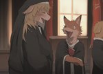 anthro blush book church cross cross_necklace fangs female group hair happy holding_book holding_object inside jewelry looking_at_another male necklace nun open_mouth teeth trio window young young_anthro young_male ptkd bovid bovine canid canine fox mammal 2025