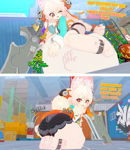 2_panel_comic 3_toes 4_fingers abdominal_bulge ambiguous_gender ambiguous_prey anthro anthro_pred before_and_after belly big_belly big_butt black_clothing black_panties black_underwear blue_clothing bottomwear box braided_hair butt butt_expansion cargo clothing container cotton_tail crate death digestion digestion_noises digestion_sequence expansion eyelashes fatal_vore feet female female_pred fingers frilly frilly_clothing frilly_underwear fur graffiti gurgle_(sound_effect) hair hand_imprint hand_on_belly holding_object holding_weapon huge_belly hyper hyper_belly imprint kneeling long_hair looking_back looking_down lying male male_prey melee_weapon nails on_front one_eye_closed onomatopoeia open_mouth open_smile orange_clothing outside overweight overweight_anthro overweight_female panties paws pink_hair plap_(sound) prey_outline rumbling_stomach shake_lines sharp_nails shipping_container shortstack size_difference skirt smaller_pred smile solo sound_effects sword text toes uncaring_pred underwear unwilling_prey upper_teeth vore weapon weight_gain white_body white_fur wink wobble_(sound_effect) 1440_(artist) mihoyo zenless_zone_zero zhao_(zenless_zone_zero) lagomorph leporid mammal rabbit thiren 2026 3d_(artwork) absurd_res comic digital_media_(artwork) english_text hi_res
