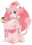 anthro asian_clothing big_breasts blue_eyes breasts cleavage clothed clothing ear_piercing east_asian_clothing female food fur hair horn japanese_clothing kimono looking_at_viewer narutomaki noodles off_shoulder piercing pink_hair ramen simple_background solo pollo-chan mochi_cau bovid bovine cattle mammal 2015 dated digital_media_(artwork) hi_res portrait three-quarter_portrait