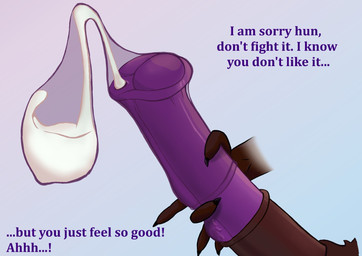 animal_genitalia animal_penis anthro bodily_fluids cock_vore condom cum duo ejaculation equine_genitalia equine_penis filled_condom genital_fluids genitals male micro micro_abuse penile penis sexual_barrier_device size_difference text vore wearing_condom chibon english_text hi_res