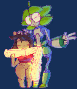 2_penises 5_fingers ahoge animal_genitalia animal_penis anthro big_penis blue_body blush bottomless bottomless_female breasts brown_hair clothed clothing duo equine_genitalia equine_penis erection eyewear female fingers genitals gesture glasses glowing glowing_genitalia glowing_penis green_body green_eyes green_hair hair hand_gesture hand_holding huge_penis hyper hyper_genitalia hyper_penis larger_male machine male male/female medial_ring multi_genitalia multi_penis navel one_eye_closed open_mouth outline penis red_clothing red_topwear round_glasses simple_background size_difference slightly_chubby slightly_chubby_female smaller_female smile smiling_at_another thick_thighs topwear transparent_background v_sign vein veiny_penis vulva wink yellow_body yellow_penis bitwily midori_(bitwily) yuh_(yopy) giraffe giraffid humanoid mammal robot robot_humanoid 2023 aliasing alpha_channel digital_media_(artwork) dithering
