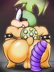 anthro anus balls blue_eyes bracelet butt crouching dildo eyewear genitals glasses green_hair hair heart_symbol jewelry looking_back male perineum sex_toy shell solo spiked_bracelet spiked_shell spikes spikes_(anatomy) yamausagi0619 mario_bros nintendo iggy_koopa koopaling koopa scalie absurd_res hi_res