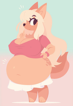 abdominal_bulge anthro belly big_belly big_breasts bloated blonde_hair bottomwear breasts cleavage clothed clothing eyelashes female hair hand_on_hip huge_belly huge_breasts hyper hyper_belly long_hair navel nipple_outline overweight overweight_anthro overweight_female pointy_ears shirt skirt smile solo straining_clothing tail topwear smuggoblin canid canine canis domestic_dog mammal 2026 digital_drawing_(artwork) digital_media_(artwork) full-length_portrait hi_res portrait
