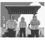 anthro border bottomwear bus_stop clothing group kemono male outside overweight overweight_male pants shirt topwear white_border takakei1 bovid bovine canid canine canis cattle domestic_dog felid mammal pantherine tiger 2023 hi_res