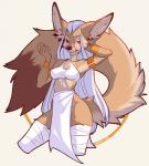 anthro bottomwear breasts brown_body brown_fur clothed clothing female fur hair loincloth red_eyes simple_background smile solo standing tan_body tan_fur white_hair wraps junebuq robyn_(kaylii) canid canine fennec_fox fox mammal true_fox 2018 digital_media_(artwork) shaded