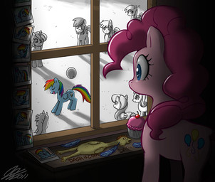 being_watched blue_body blue_eyes blue_feathers blue_fur creepy cupcake cutie_mark detailed_background eyes_closed feathered_wings feathers female feral food fur group hair high-angle_view horn horse_tail infatuation looking_at_another multicolored_hair multicolored_tail open_mouth photo pink_body pink_fur pink_hair playground polaroid_photo rainbow_hair rainbow_tail rubber_chicken school stalker stalking tail toony window wings john_joseco friendship_is_magic hasbro my_little_pony mythology derpy_hooves_(mlp) pinkie_pie_(mlp) rainbow_dash_(mlp) earth_pony equid equine horse mammal mythological_creature mythological_equine pegasus pony unicorn 2011