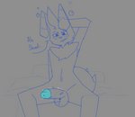 2020 anthro bed blue_penis chest_tuft dialogue english_text erection felid fluffy fluffy_tail freckles furniture generation_6_pokemon genitals hand_on_head hi_res humanoid_genitalia humanoid_penis looking_down male mammal meower_(skweekers) meowstic monochrome morning_wood nintendo nude on_bed open_mouth penis pillow pokemon pokemon_(species) sitting sketch skweekers solo speech_bubble spread_legs spreading tail text tired tuft twitching vein veiny_penis