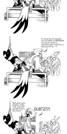 anthro avian_feet bandage bandaged_arm bandaged_leg beak bed claws clothed clothing cross dialogue doctor eyewear facial_hair fangs feathers female furniture glasses goatee group headgear headwear horn hospital hospital_bed inverted_cross male mouth_closed nurse nurse_clothing nurse_headwear open_mouth red_eyes speech_bubble tail tail_feathers teeth text atimon hellaverse helluva_boss blitzo_(helluva_boss) stolas_(helluva_boss) avian demon imp 2025 absurd_res comic english_text hi_res signature