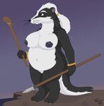 anthro big_breasts black_nose blue_eyes bracelet breasts claws female holding_object holding_weapon jewelry mature_female melee_weapon navel nipples nude overweight overweight_anthro overweight_female polearm short_stack solo spear weapon whiskers suce redwall rowanoak badger mammal mustelid musteline 2011 hi_res