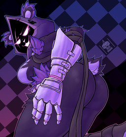 anthro armor breasts butt checkered checkered_background clothing female fur gauntlets gloves handwear holding_leg holding_thigh kneeling looking_at_viewer looking_back naughty_face pattern_background purple_body purple_fur shadow_face simple_background solo tail neodrani epic_games fortnite raven_team_leader bear mammal hi_res