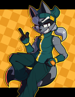 5_fingers accessory anthro checkered checkered_background clothed clothing fingers fully_clothed green_clothing grey_hair hair hair_accessory hair_tie logo looking_at_viewer male pattern_background ponytail sharp_teeth simple_background smile smiling_at_viewer solo tail teeth conditional_dnp teckworks trick_(tricktrashing) mammal procyonid raccoon 2023 artist_logo digital_media_(artwork)