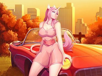 anthro big_breasts breasts building car female hair horn nature on_car outside pink_hair plant public solo sunset tree vehicle knight_dd mythology rosie_(roselynn_meadow) classical_unicorn equid equine mammal mythological_creature mythological_equine unicorn absurd_res hi_res