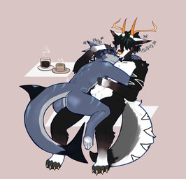after_sex anthro antlers black_body black_fur blue_body coffee_mug container cup duo fur hair horn hug male male/male piercing simple_background sleeping tea_cup zenfry derio_(kakhao) saint_(zenfry) aquatic fish hybrid digital_drawing_(artwork) digital_media_(artwork) hi_res