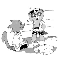 anthro blush bottomwear buckteeth chibi choker clothed clothing duo eyewear horn jewelry male male/male necklace open_clothing open_shirt open_topwear oversized_clothing piercing shirt shorts sitting sunglasses sweater teeth topwear pasikon animal_crossing nintendo c.j._(animal_crossing) flick_(animal_crossing) beaver chameleon lizard mammal reptile rodent scalie 1:1 monochrome